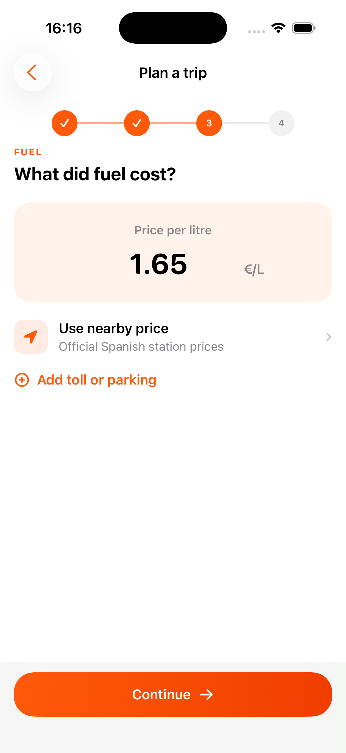 DriveSplit fuel cost screen