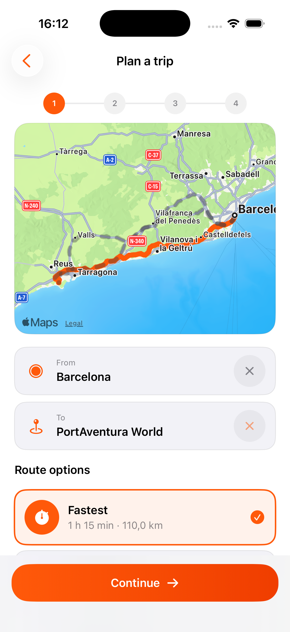 DriveSplit route planning screen